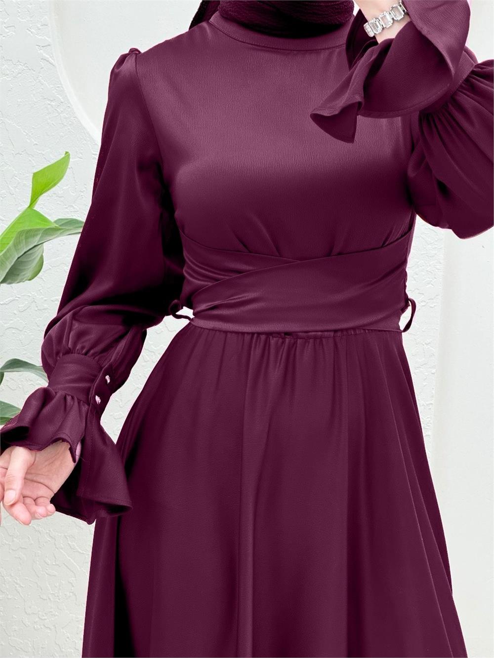 Satin Evening Dress with Cross Tie Waist - Plum-386-5983-R09