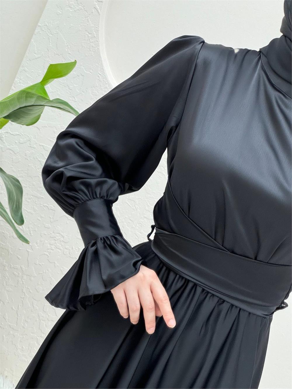 Satin Evening Dress with Cross Tie Waist-Black-386-5983-R01