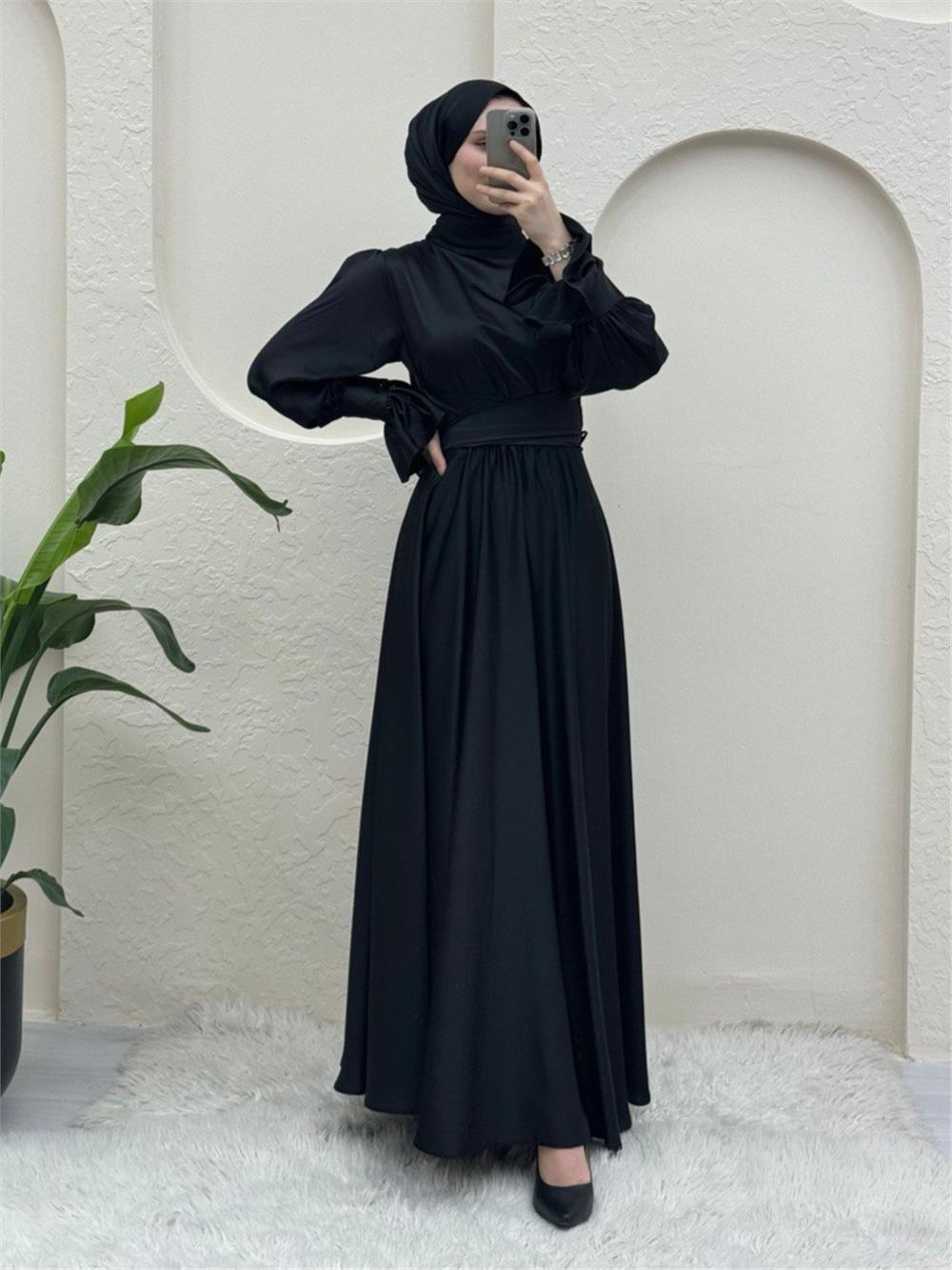 Satin Evening Dress with Cross Tie Waist-Black-386-5983-R01