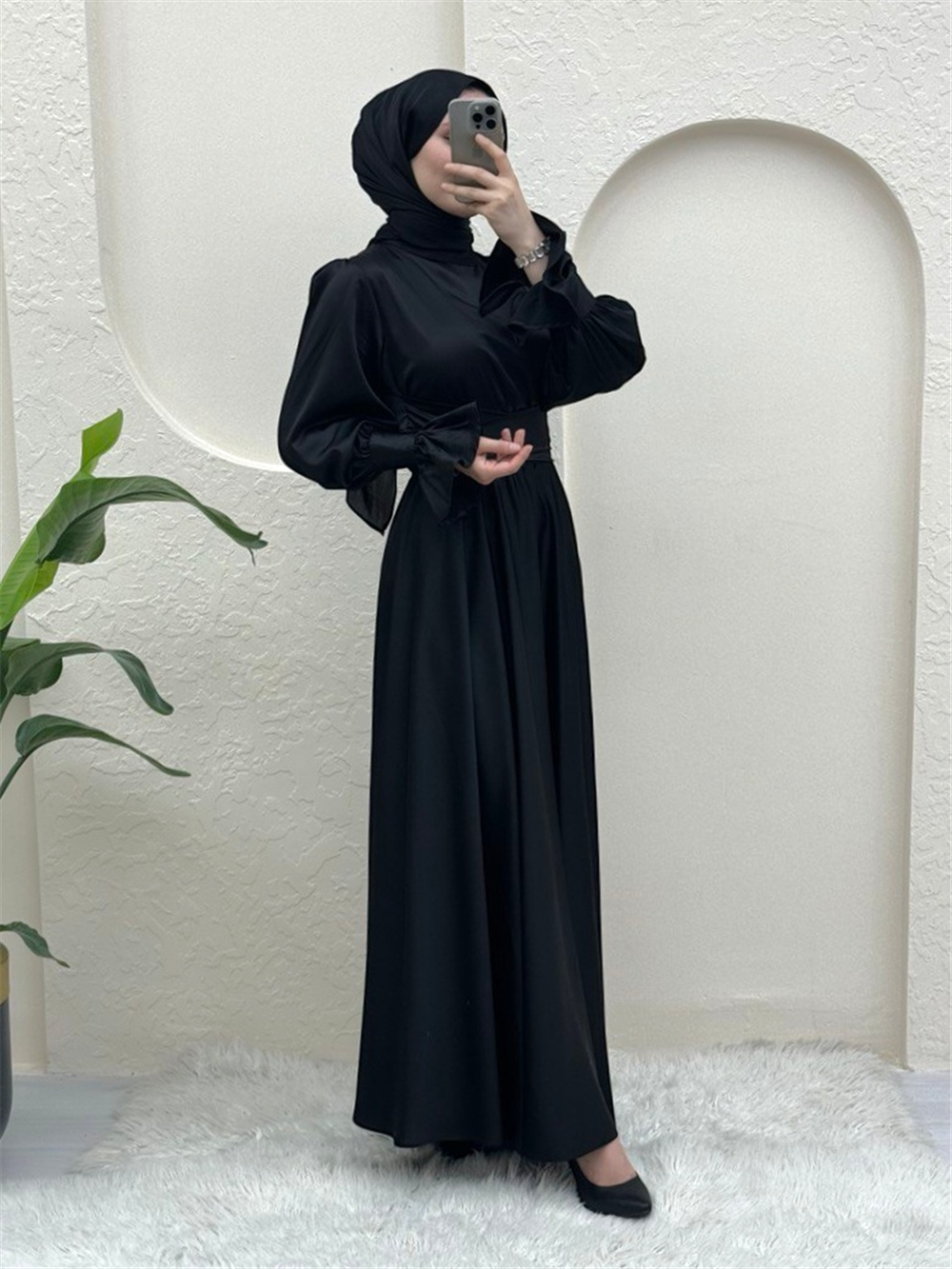 Satin Evening Dress with Cross Tie Waist-Black-386-5983-R01