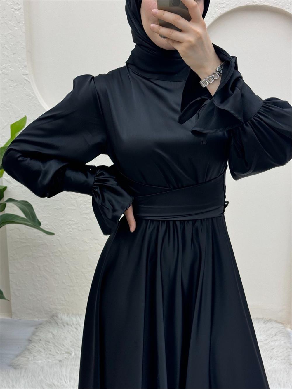 Satin Evening Dress with Cross Tie Waist-Black-386-5983-R01