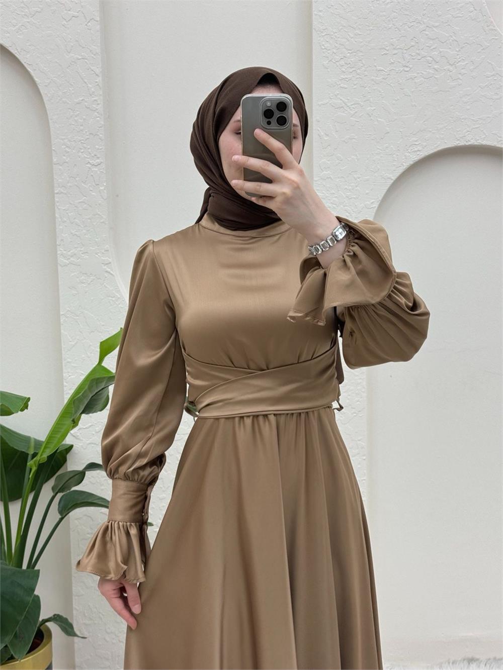 فستان سهرة من الساتان مع خصر متقاطع - مينك-386-5983-R23