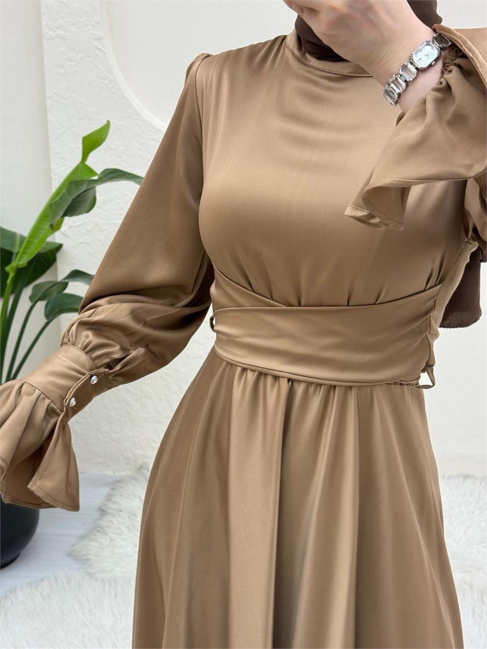 فستان سهرة من الساتان مع خصر متقاطع - مينك-386-5983-R23