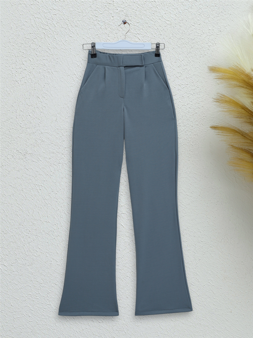Waist Hook and Loop Detail Pipe Leg Fabric Trousers - Gray-400-1155-R11