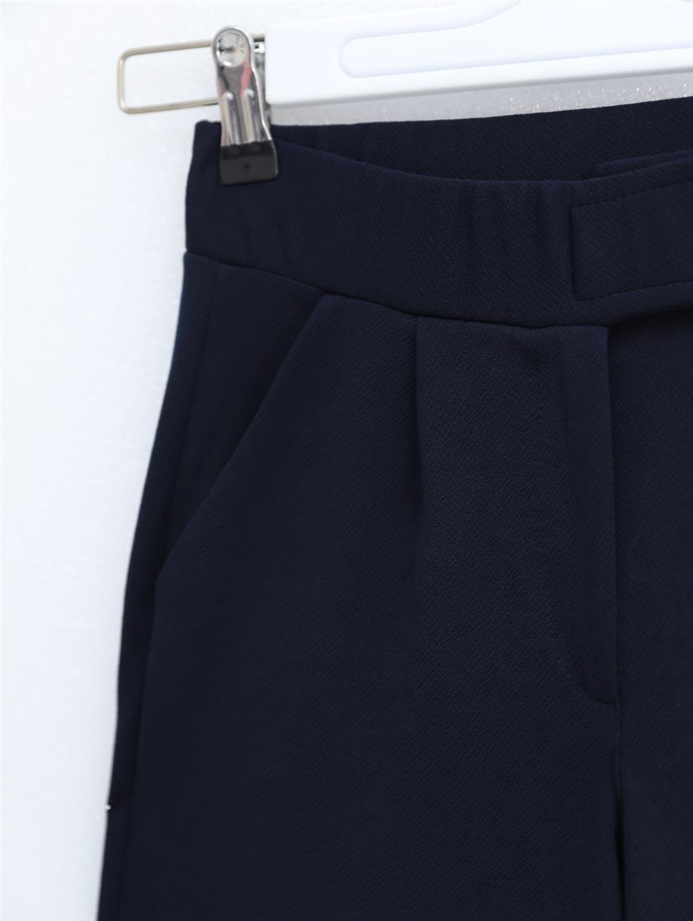 Waist Hook and Loop Detail Pipe Leg Fabric Trousers - Navy Blue-400-1155-R03