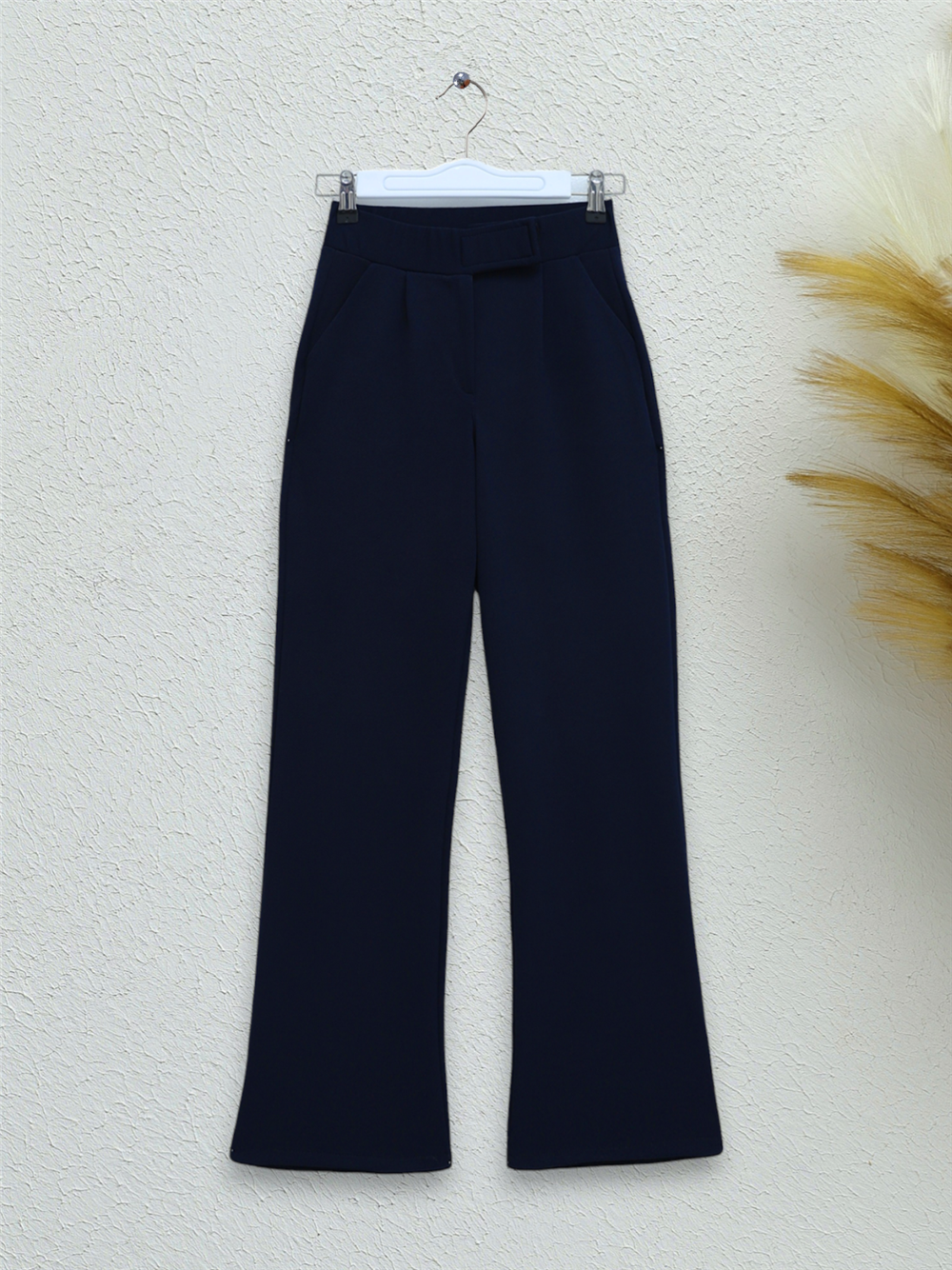Waist Hook and Loop Detail Pipe Leg Fabric Trousers - Navy Blue-400-1155-R03