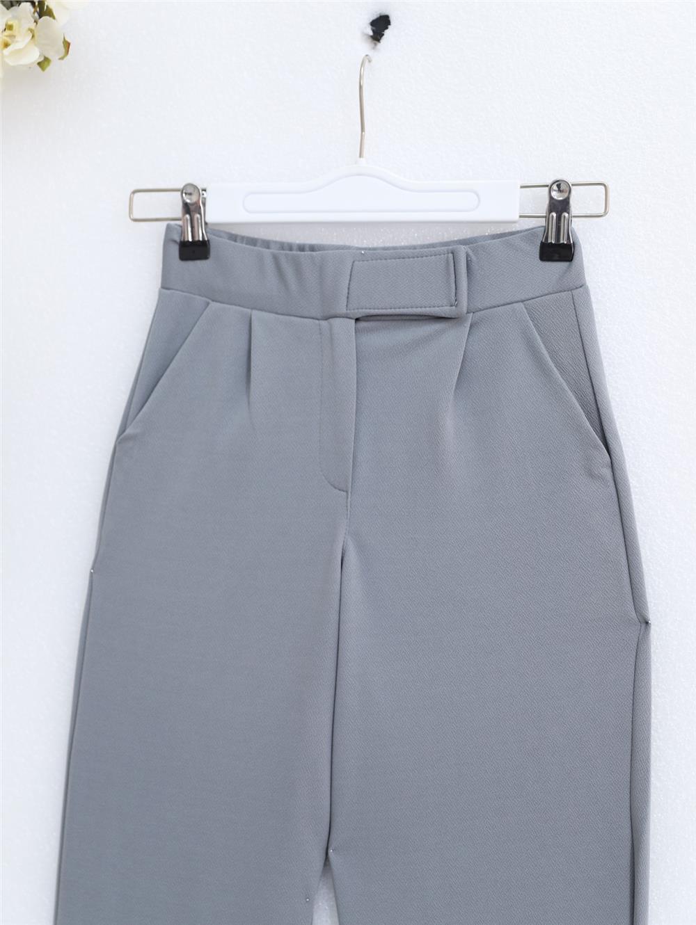 Waist Hook and Loop Detail Pipe Leg Fabric Trousers - Gray-400-1155-R11