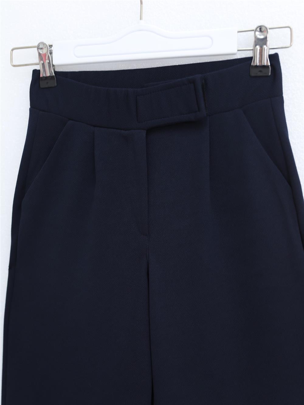 Waist Hook and Loop Detail Pipe Leg Fabric Trousers - Navy Blue-400-1155-R03