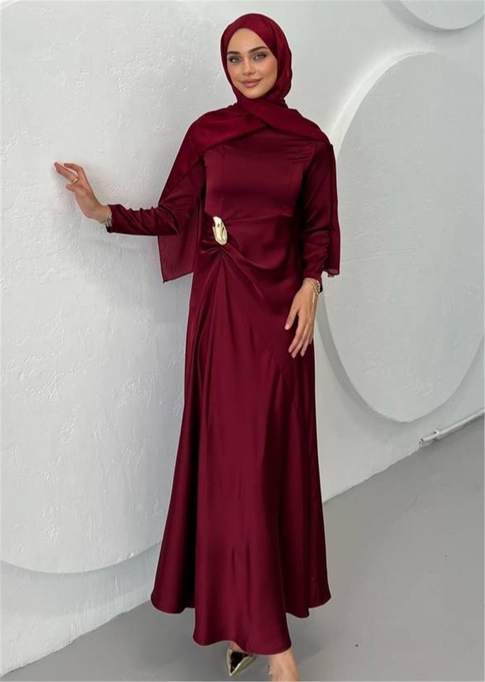 Beli Drapeli Düz Saten Elbise -Bordo-114-5128-R04