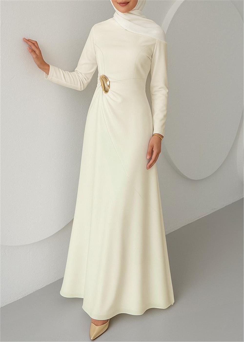 Beli Drapeli Düz Saten Elbise -Ekru-114-5128-R07