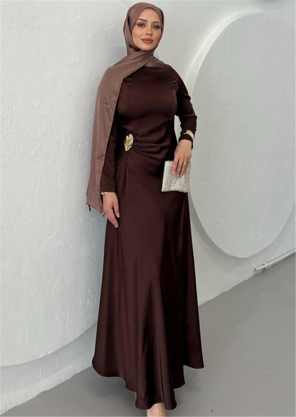 Beli Drapeli Düz Saten Elbise -Kahve-114-5128-R15