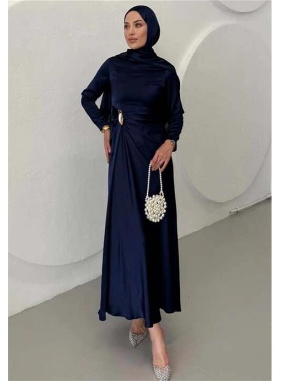 Beli Drapeli Düz Saten Elbise  -Laci-114-5128-R03