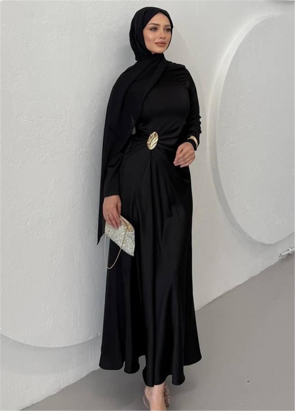 Beli Drapeli Düz Saten Elbise -Siyah-114-5128-R01