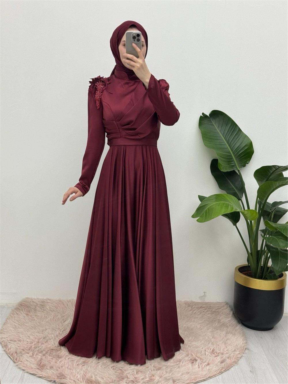 Rose Detail Draped Satin Evening Dress -Maroon-337-6747-R04