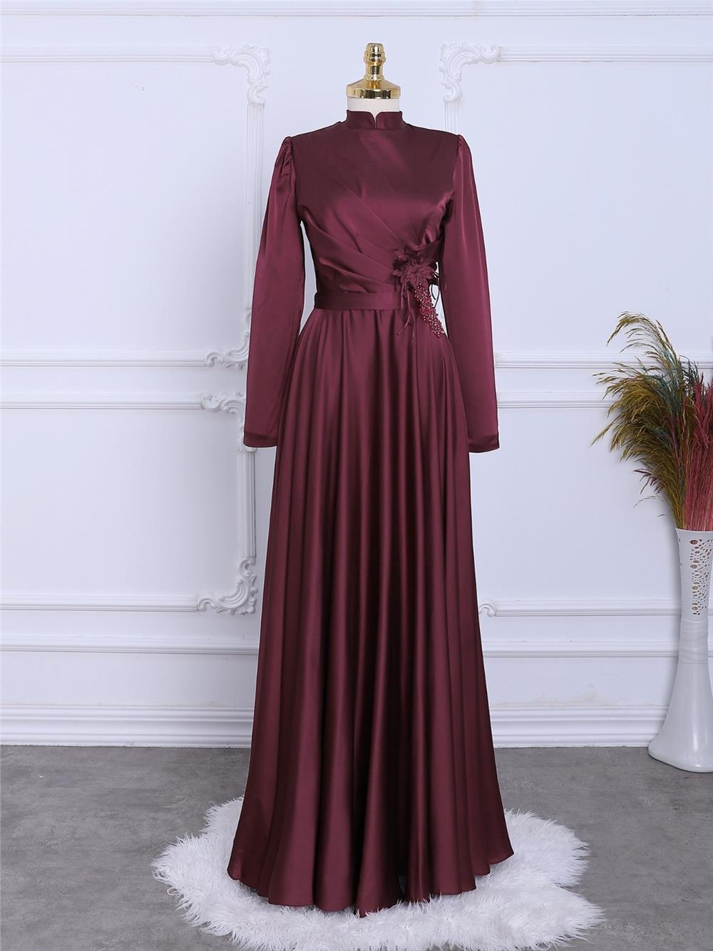 Rose Detail Draped Satin Evening Dress -Maroon-337-6747-R04