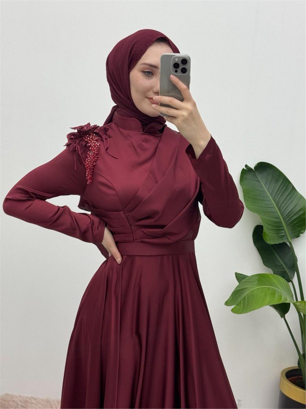 Rose Detail Draped Satin Evening Dress -Maroon-337-6747-R04