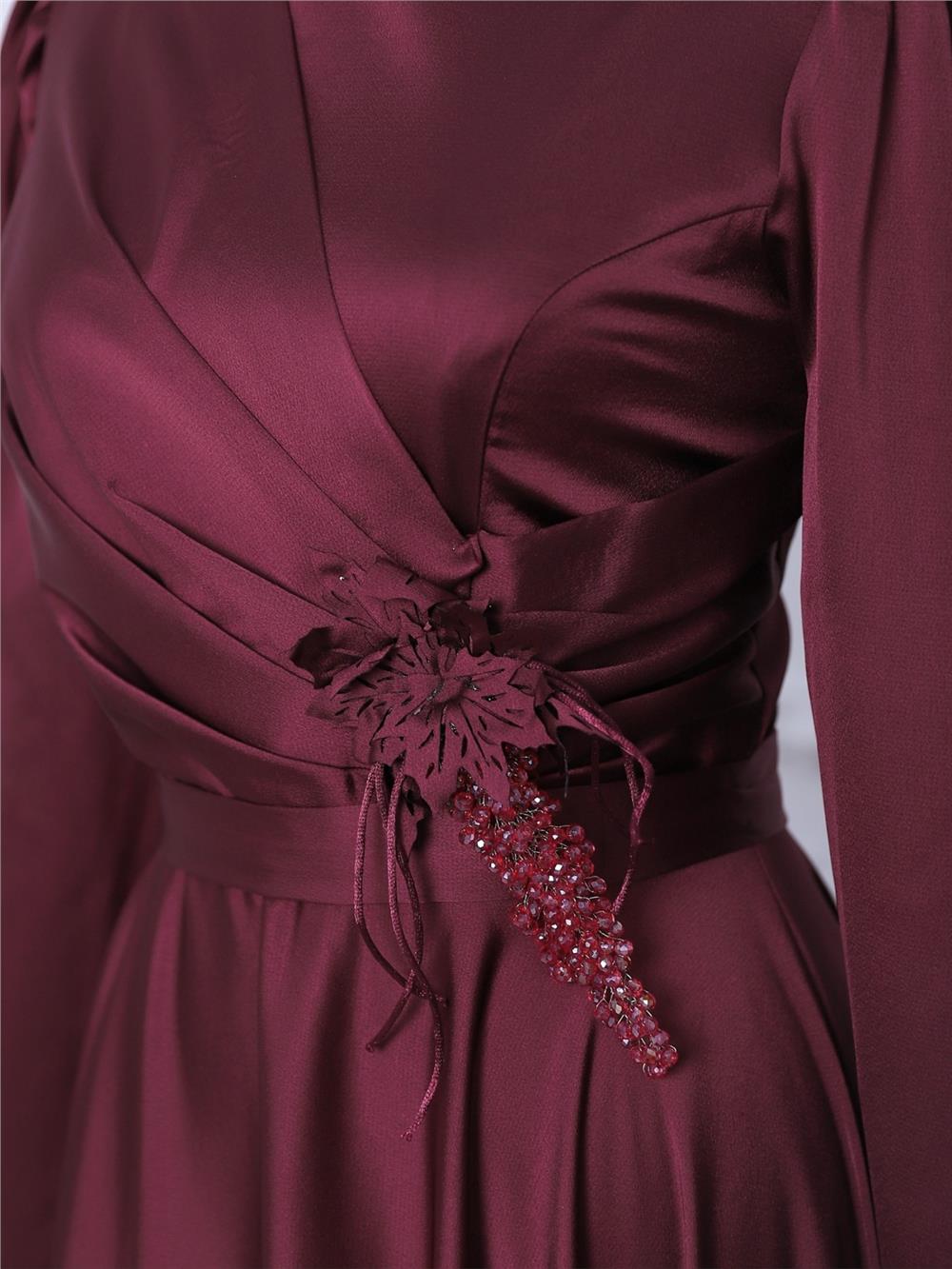 Rose Detail Draped Satin Evening Dress -Maroon-337-6747-R04