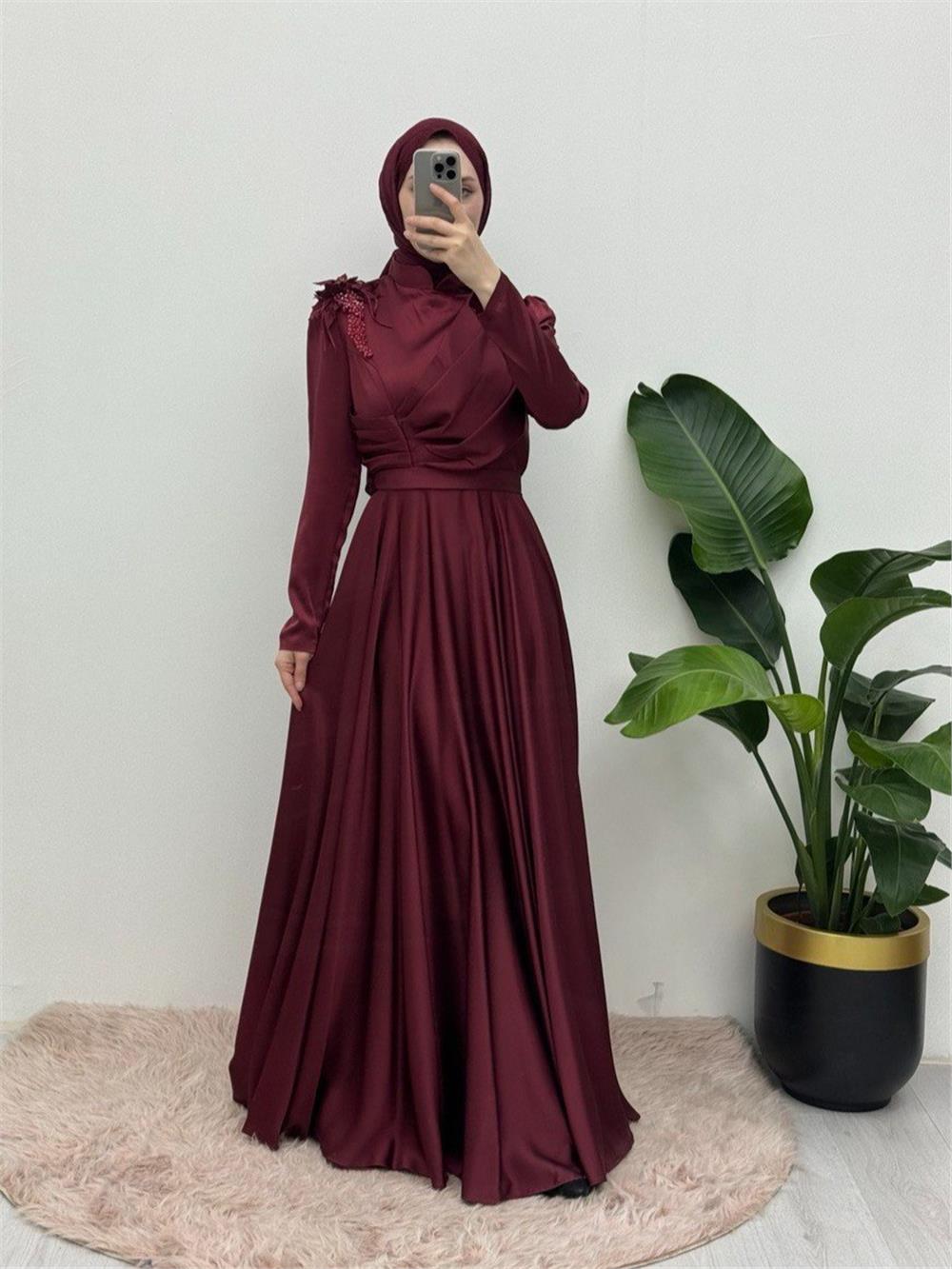 Rose Detail Draped Satin Evening Dress -Maroon-337-6747-R04
