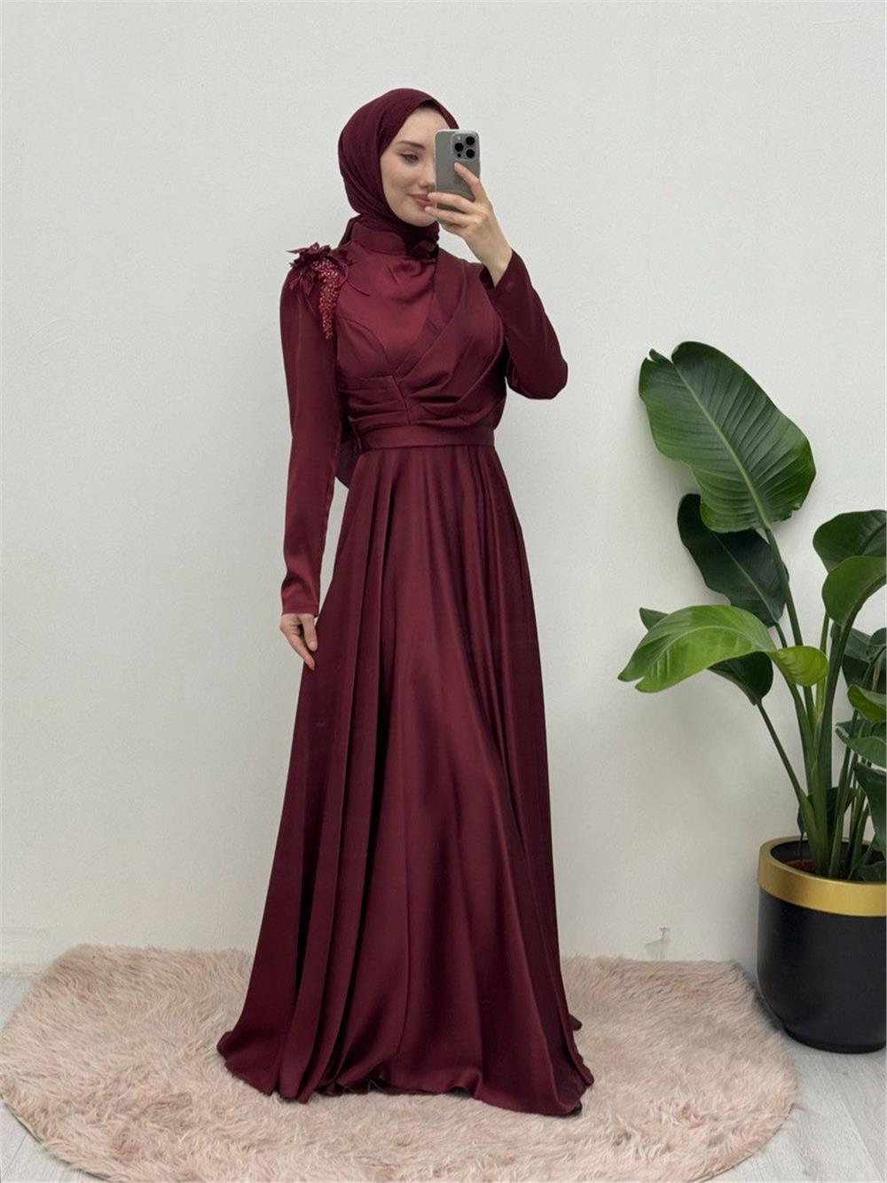 Rose Detail Draped Satin Evening Dress -Maroon-337-6747-R04