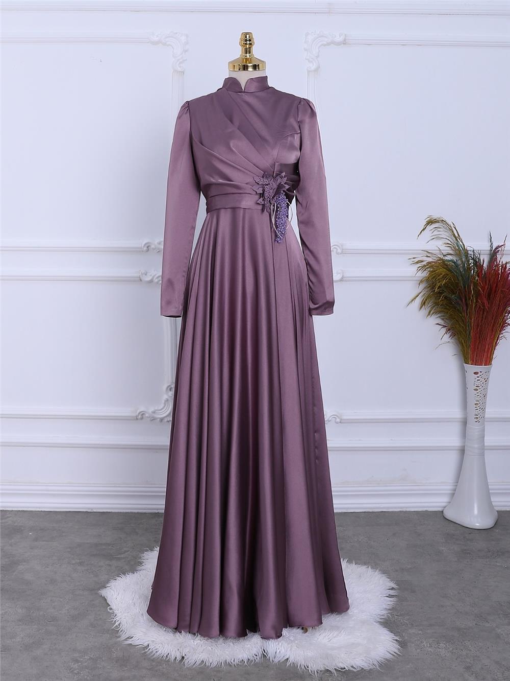 Rose Detail Draped Satin Evening Dress -Dried Rose-337-6747-R27