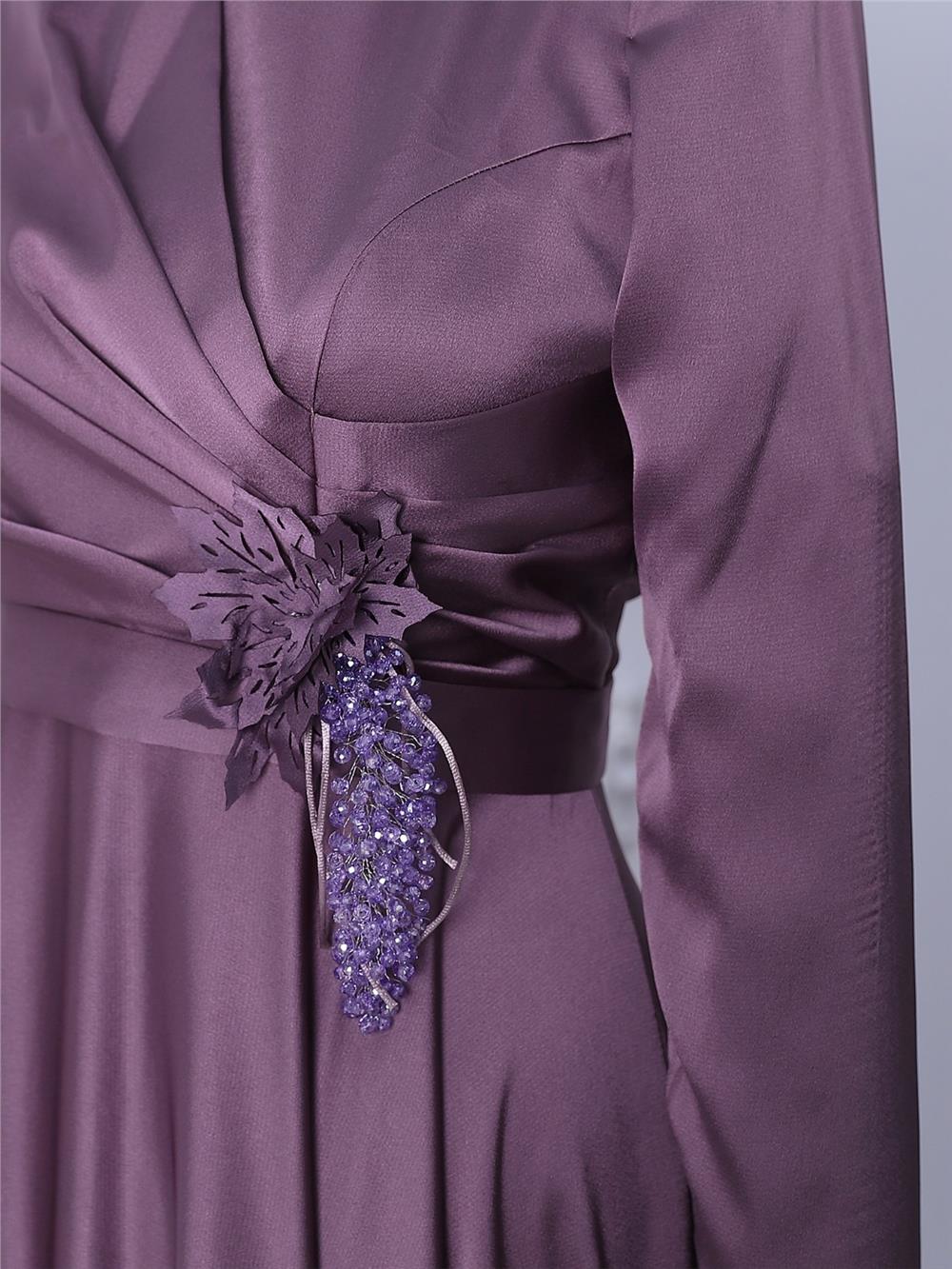 Rose Detail Draped Satin Evening Dress -Dried Rose-337-6747-R27