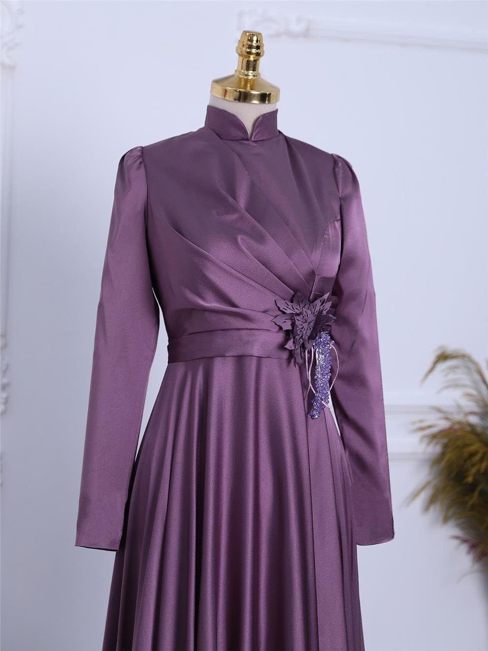Rose Detail Draped Satin Evening Dress -Dried Rose-337-6747-R27