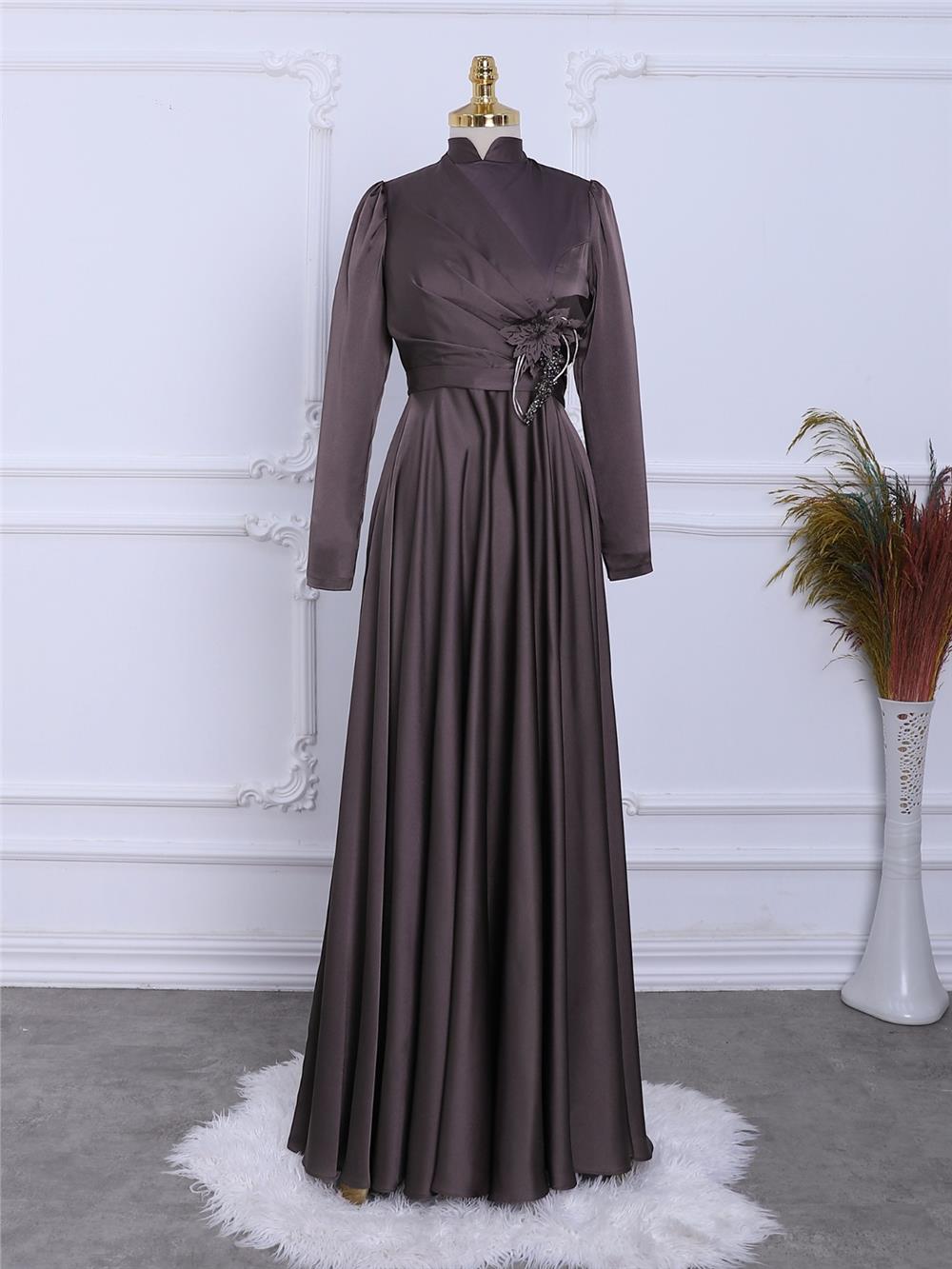 Rose Detail Draped Satin Evening Dress -Brown-337-6747-R15