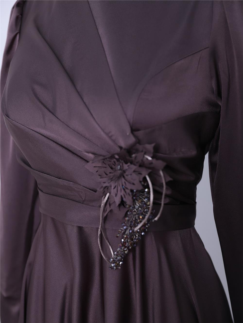 Rose Detail Draped Satin Evening Dress -Brown-337-6747-R15