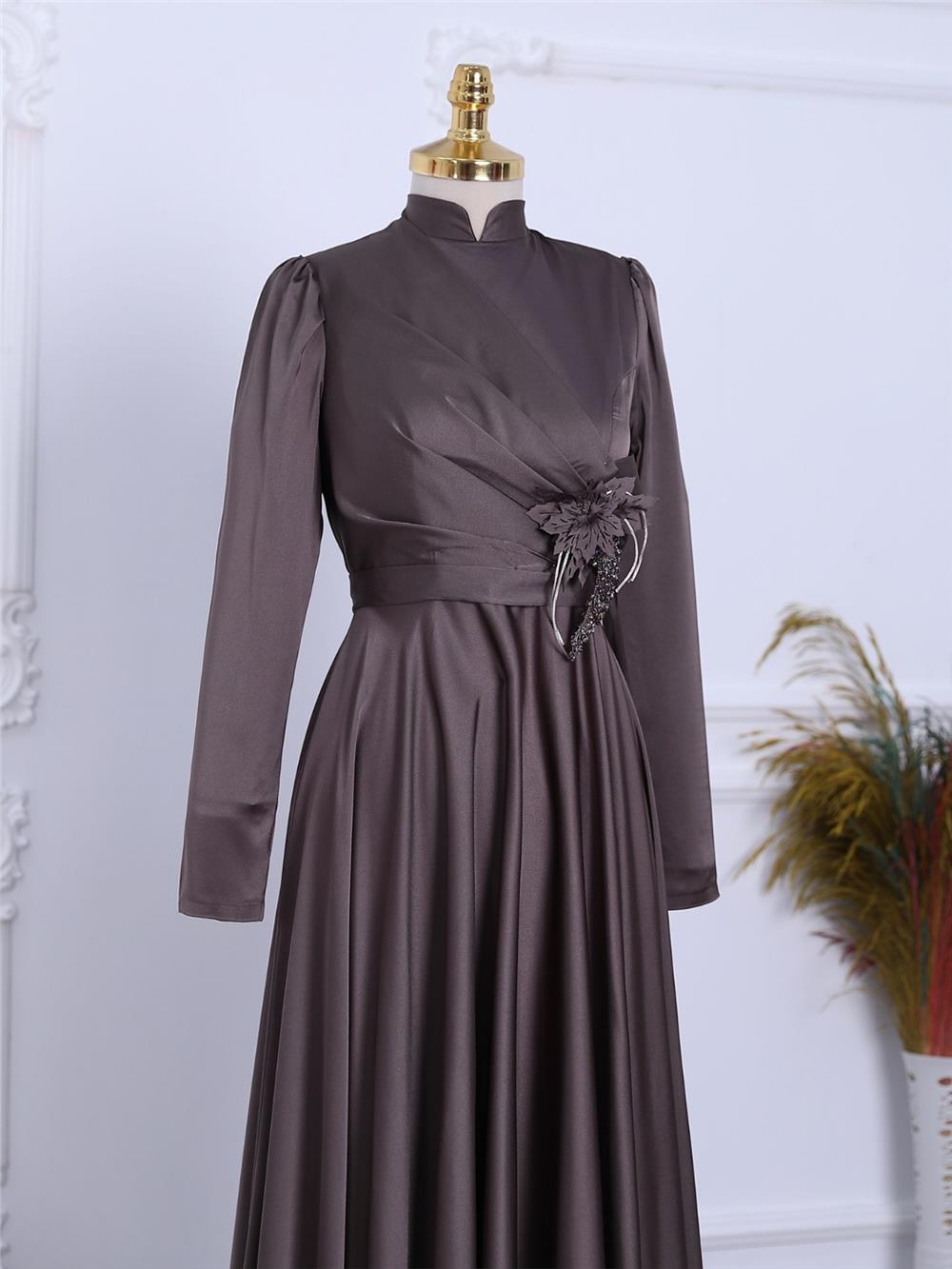 Rose Detail Draped Satin Evening Dress -Brown-337-6747-R15