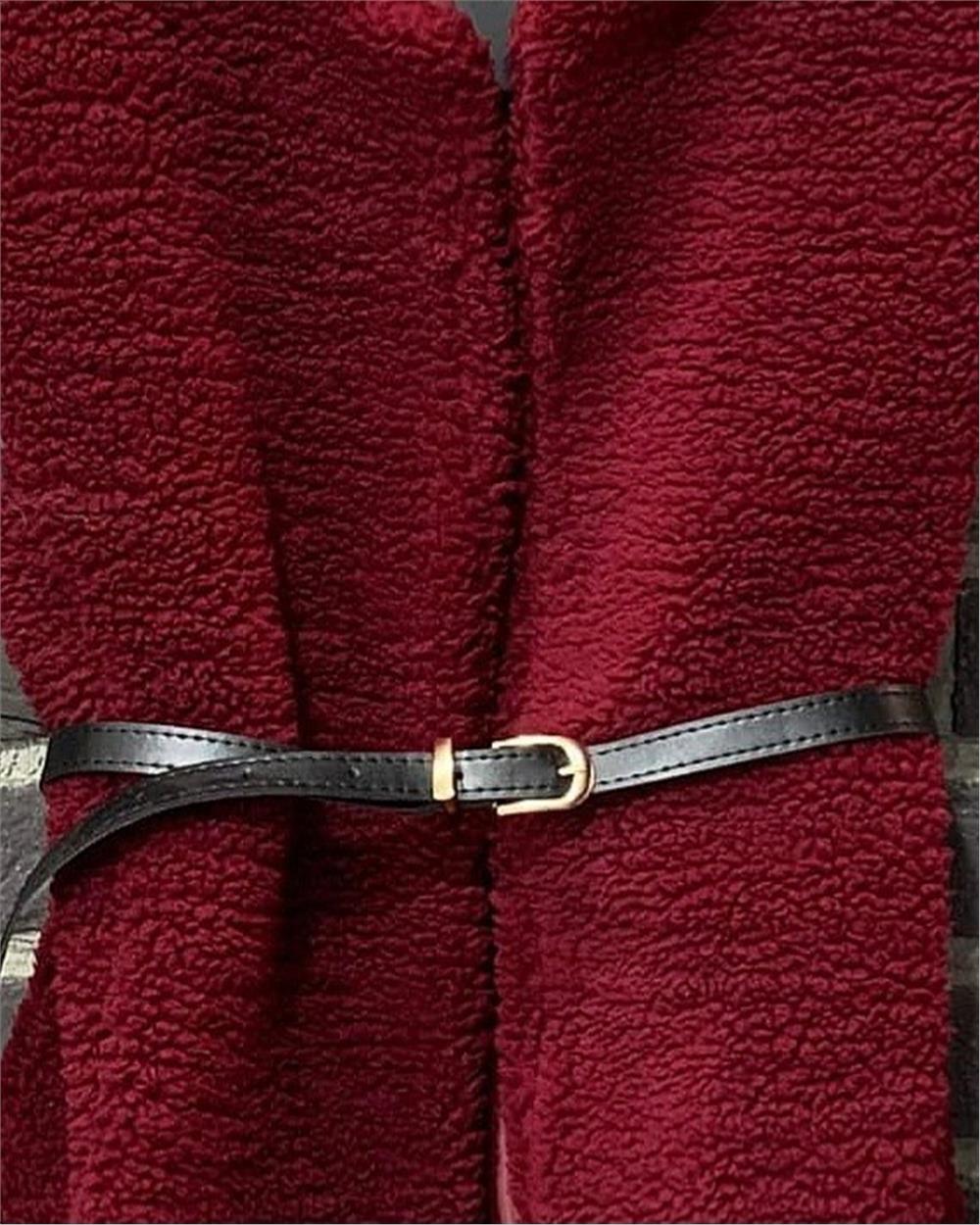 Beli Kemerli Çift Cepli Astarlı Peluş Yelek -Bordo-253-12974-R04