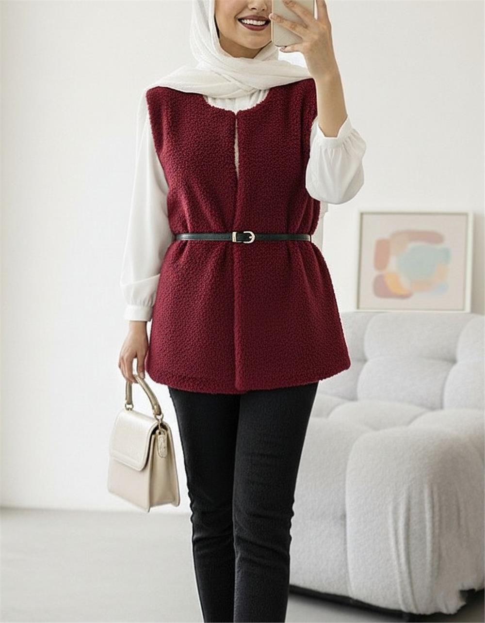 Beli Kemerli Çift Cepli Astarlı Peluş Yelek -Bordo-253-12974-R04