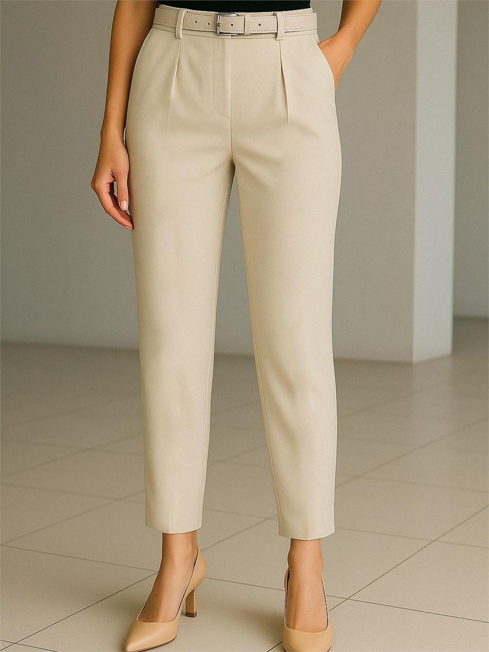Beli Kemerli Çift Cepli Pantolon  -Bej-138-6725-R56