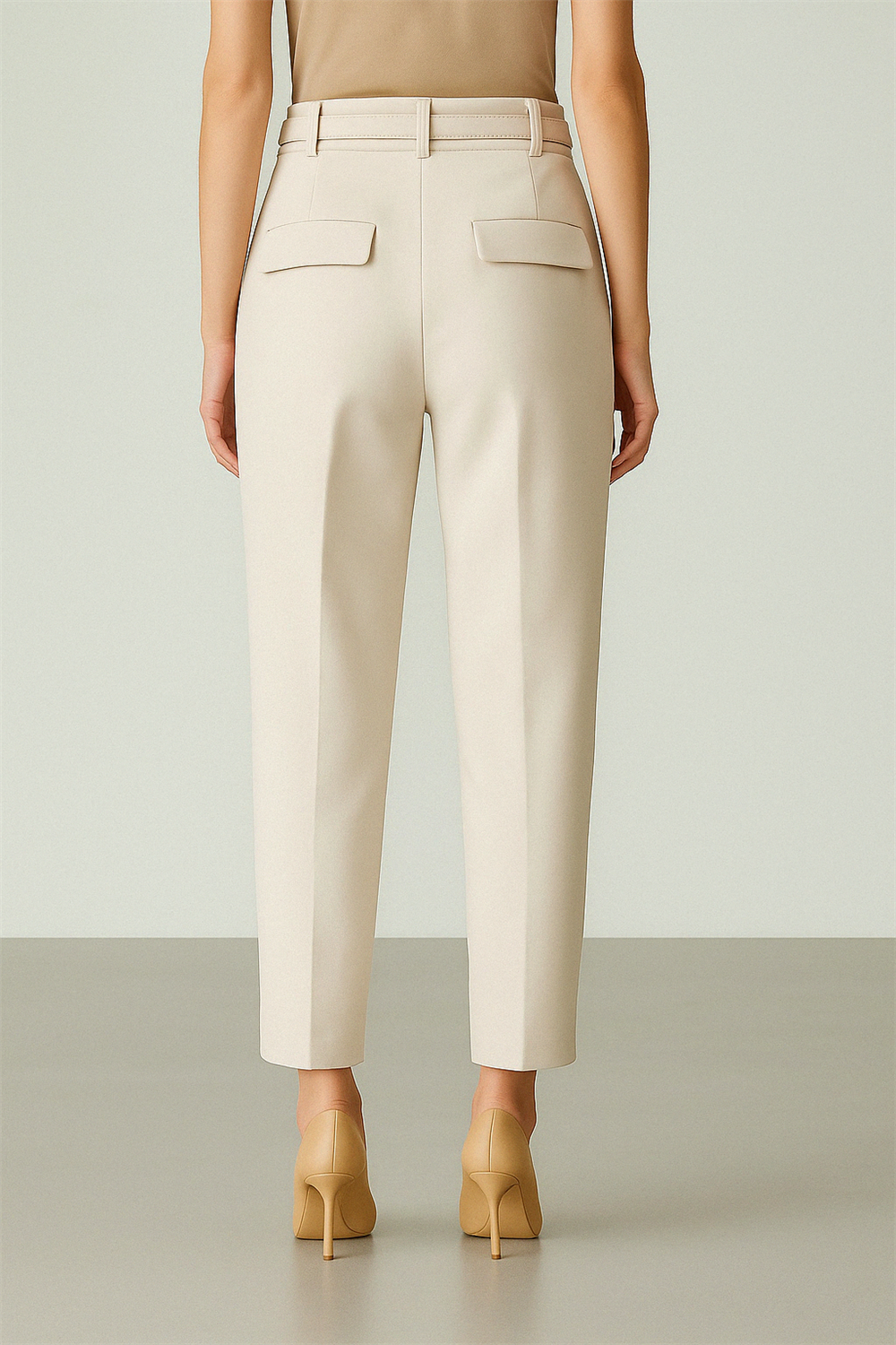 Beli Kemerli Çift Cepli Pantolon  -Bej-138-6725-R56