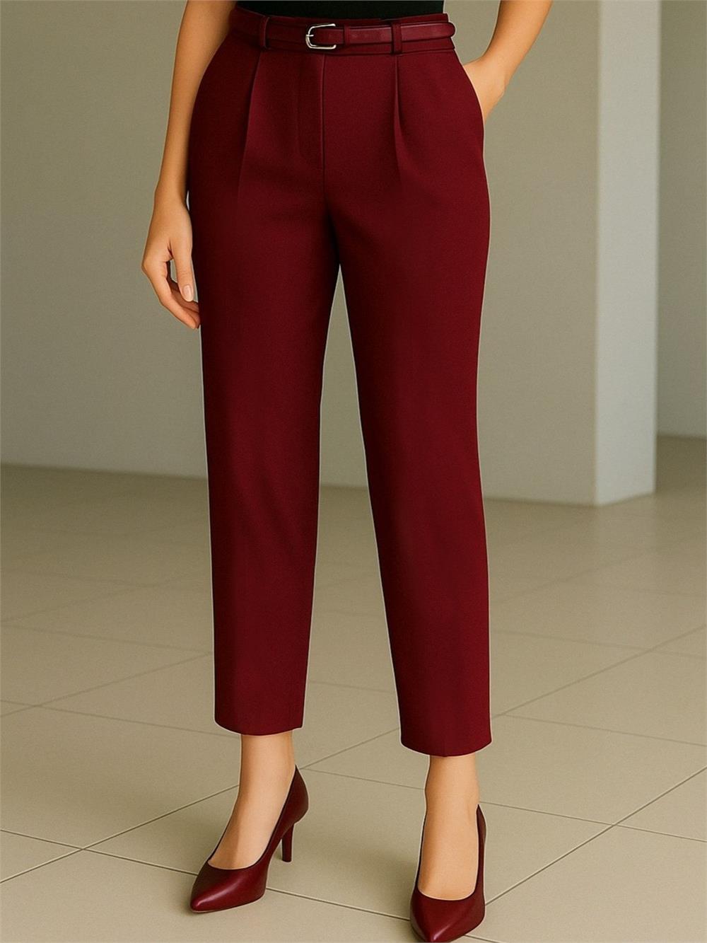 Beli Kemerli Çift Cepli Pantolon  -Bordo-138-6725-R04