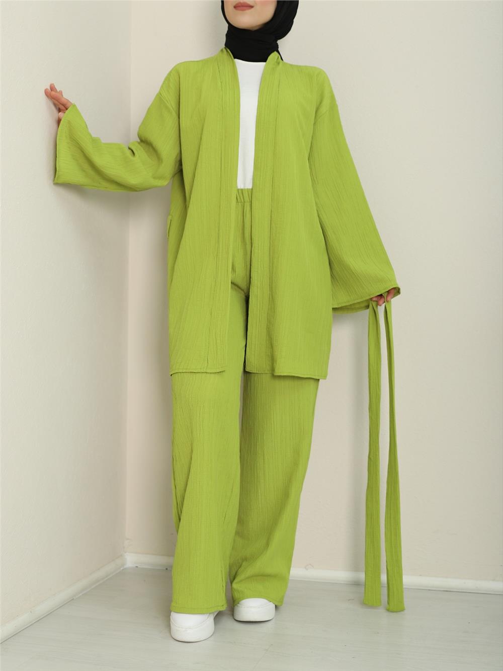 Belted Waist Spanish Sleeve Crinkle Double Suit -F.Green-253-12851-R67