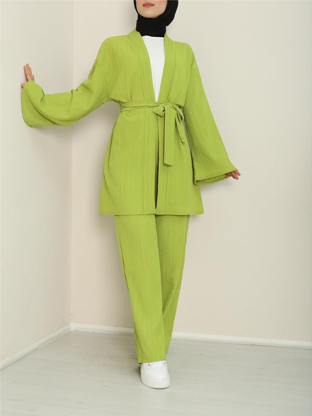 Belted Waist Spanish Sleeve Crinkle Double Suit -F.Green-253-12851-R67