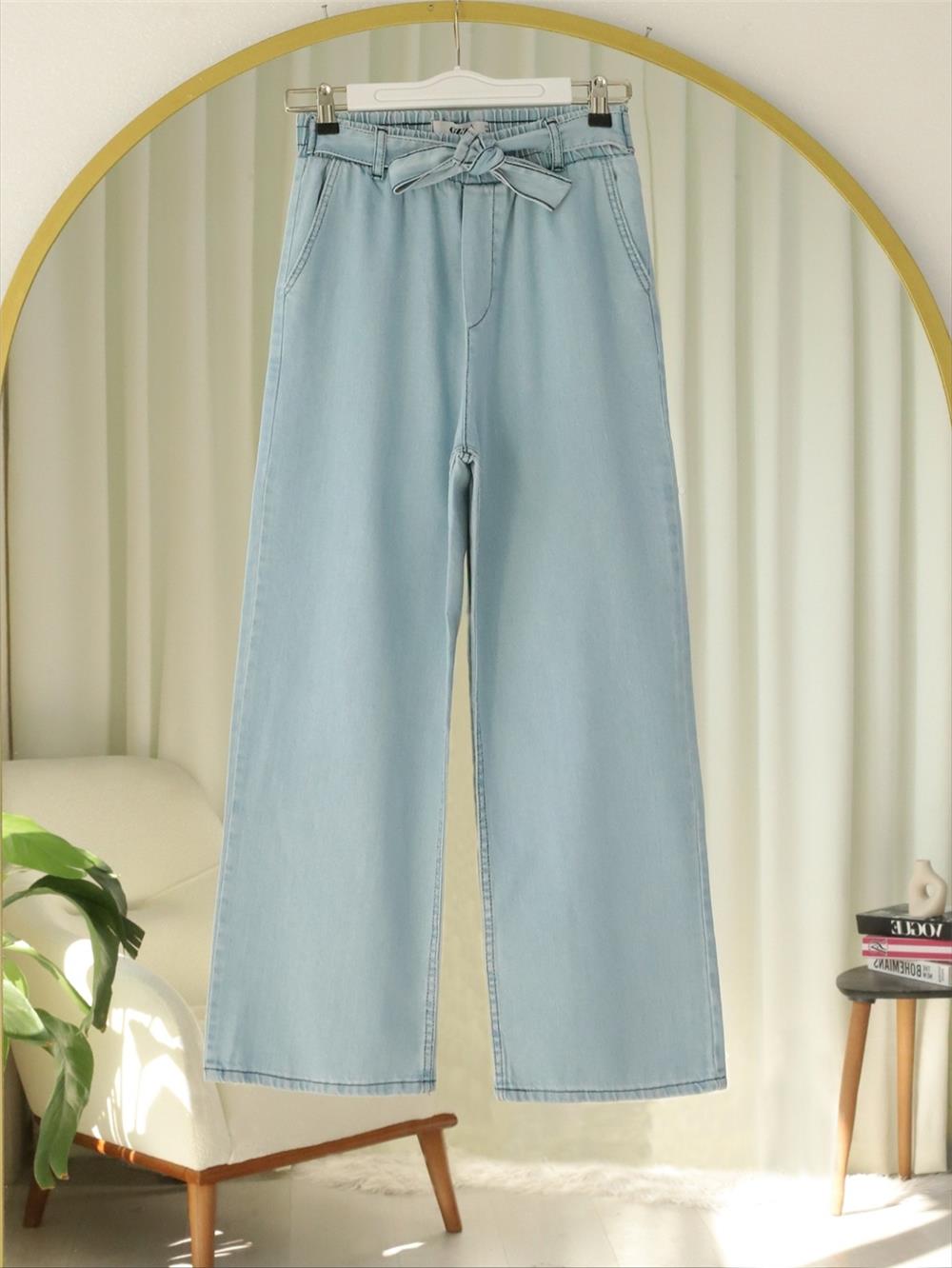 Beli Kuşaklı Lastikli Cepli Kot Pantolon -Buz Mavi-417-16779-R37