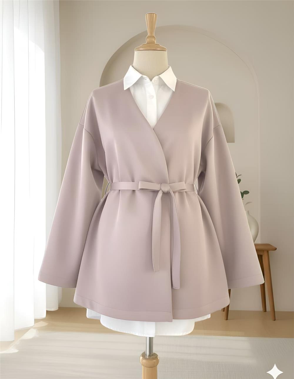 Beli Kuşaklı V Yaka  Scuba Kimono  -Bej-120-1626-R56