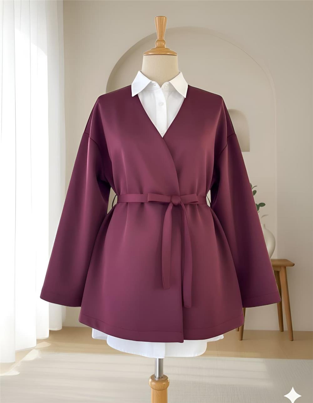 Beli Kuşaklı V Yaka  Scuba Kimono  -Bordo-120-1626-R04