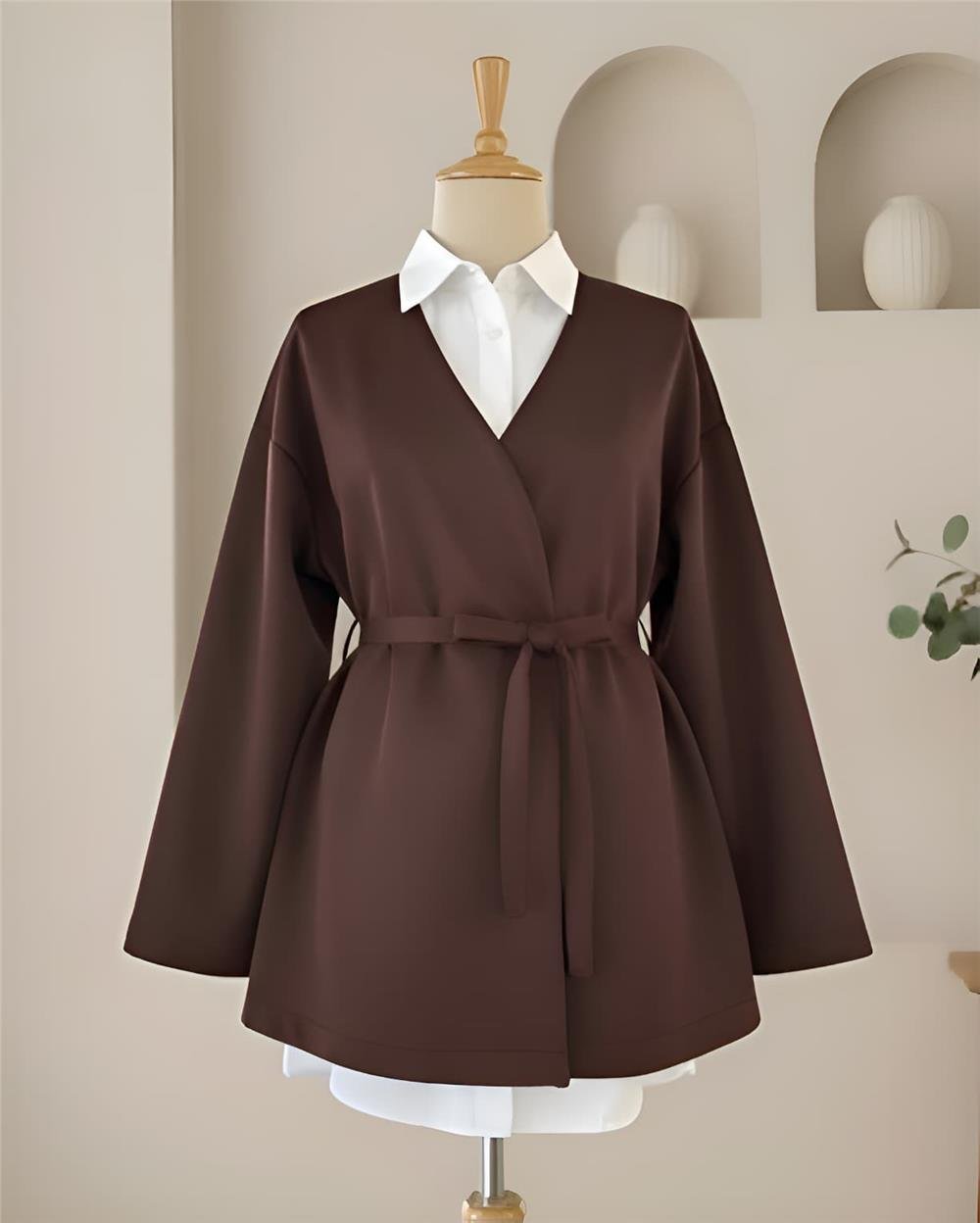 Beli Kuşaklı V Yaka  Scuba Kimono  -Kahve-120-1626-R15