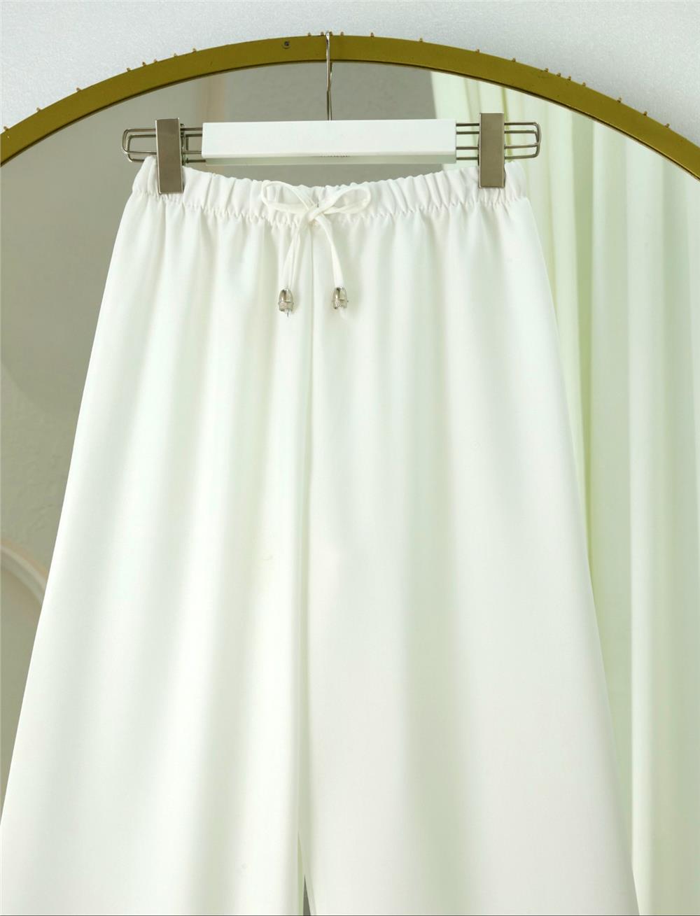 Beli Lastikli Bağcık Detaylı Bol Paça Sofya Keten Pantolon -Beyaz-326-10061-R02