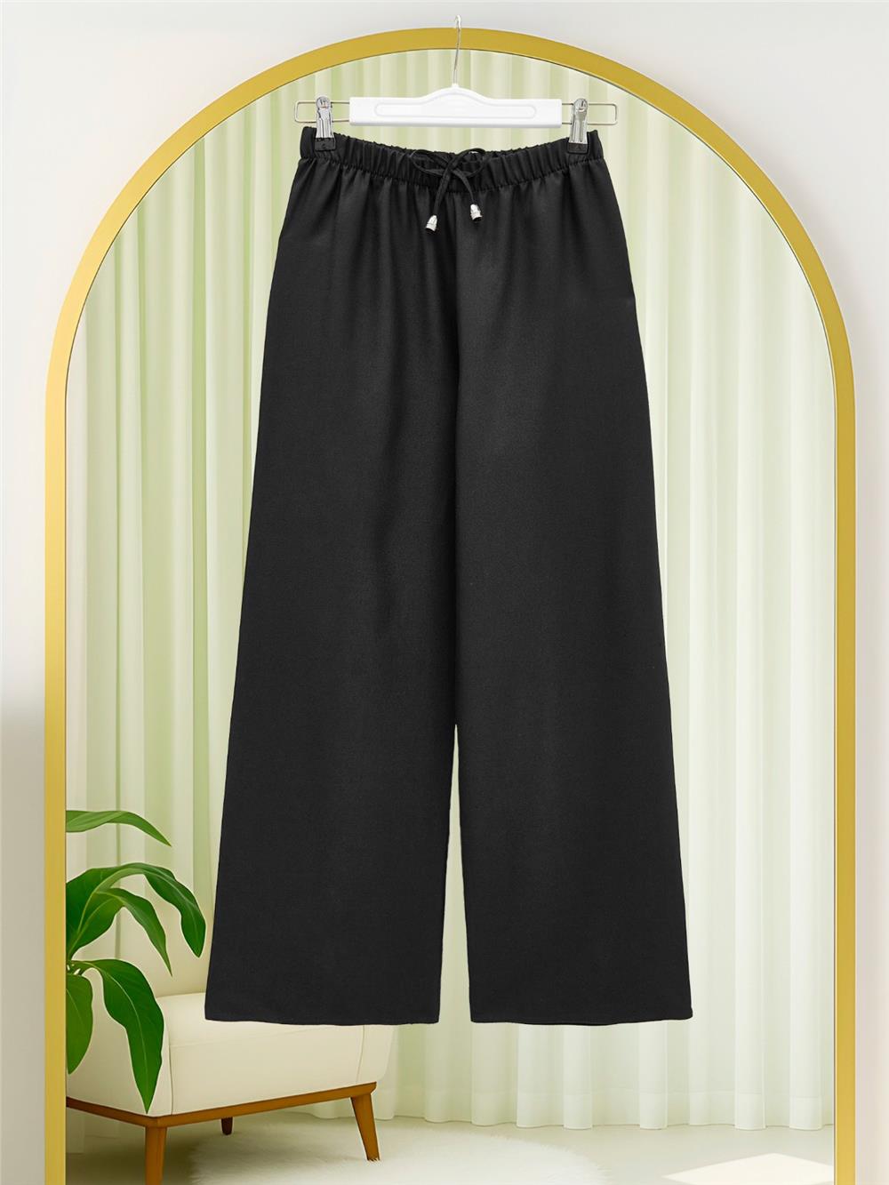 Beli Lastikli Bağcık Detaylı Bol Paça Sofya Keten Pantolon  -Siyah-326-10061-R01
