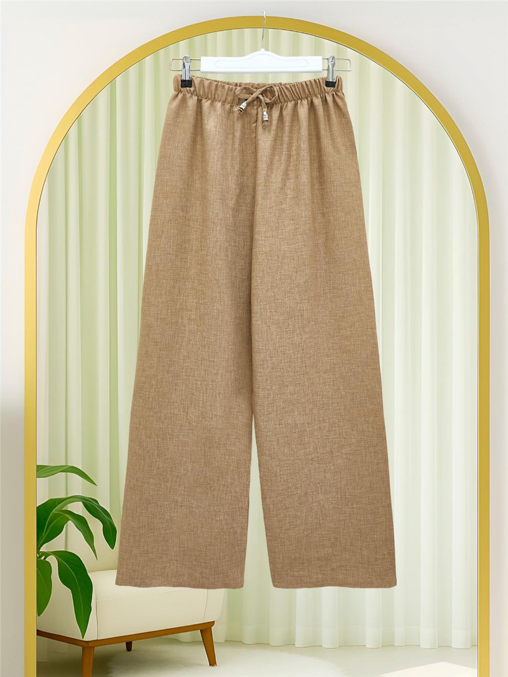 Beli Lastikli Bağcık Detaylı Bol Paça Sofya Keten Pantolon  -Tarçın-326-10061-R45