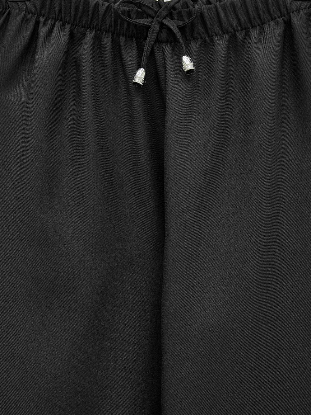 Beli Lastikli Bağcık Detaylı Bol Paça Sofya Keten Pantolon  -Siyah-326-10061-R01