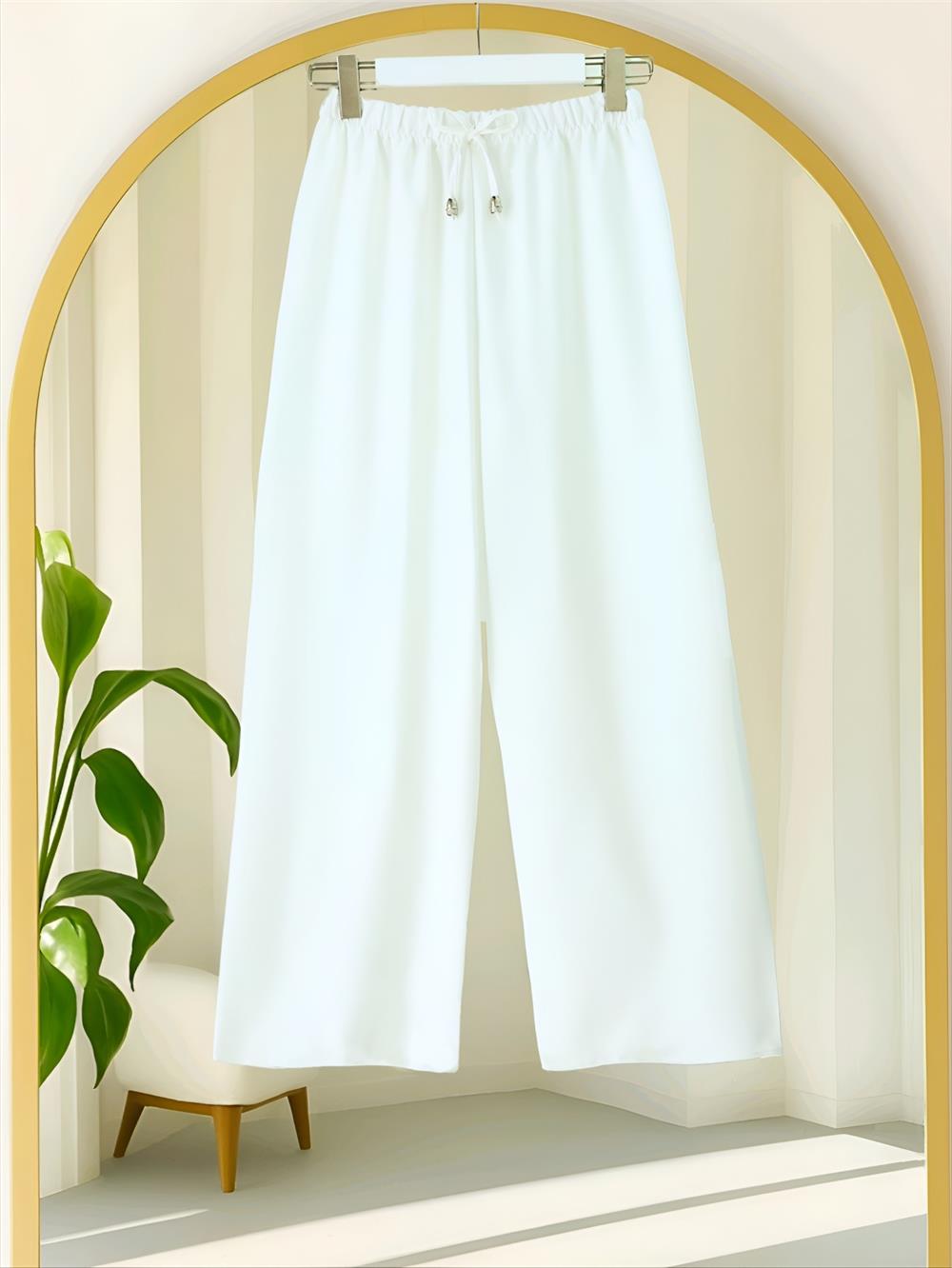 Beli Lastikli Bağcık Detaylı Bol Paça Sofya Keten Pantolon -Beyaz-326-10061-R02