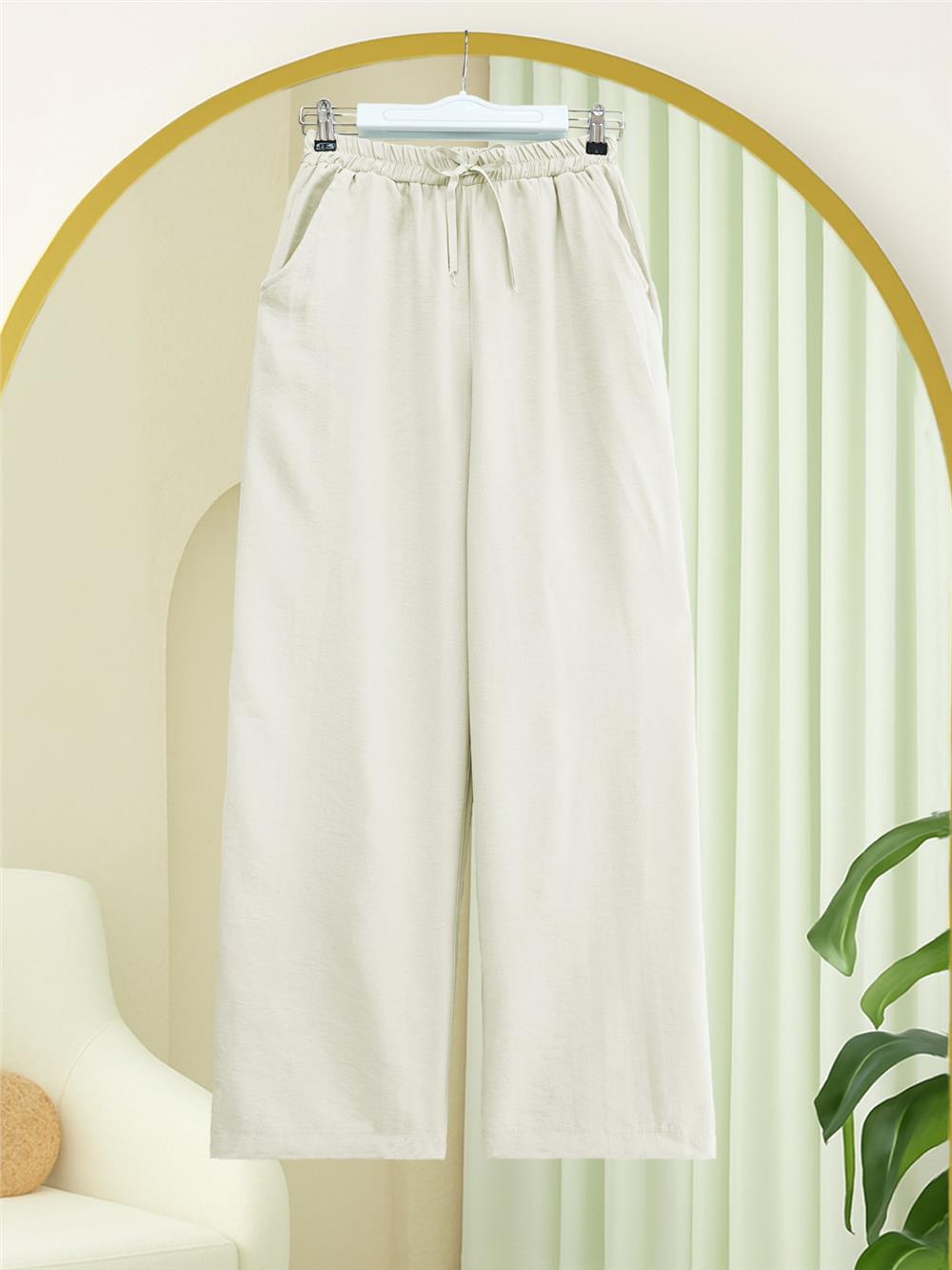 Beli Lastikli Bağcık Detaylı Cepli Bol Paça Tensel Pantolon -Taş-307-2382-R43