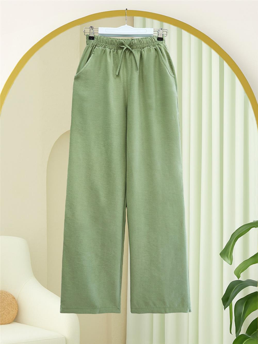 Beli Lastikli Bağcık Detaylı Cepli Bol Paça Tensel Pantolon -Çağla Y.-307-2382-R70