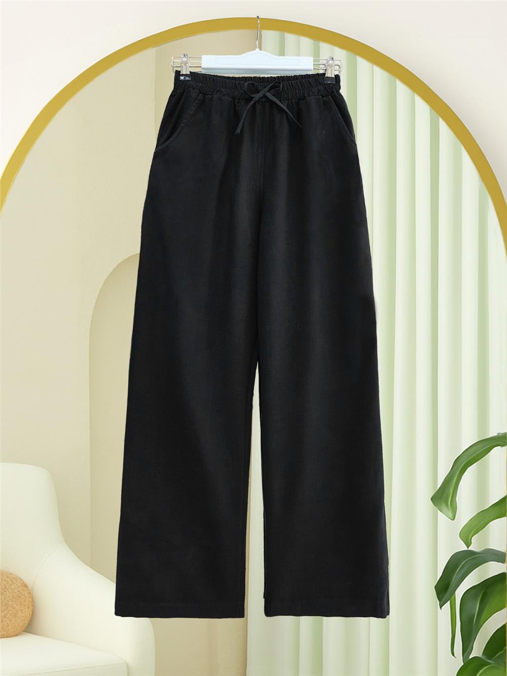 Beli Lastikli Bağcık Detaylı Cepli Bol Paça Tensel Pantolon -Siyah-307-2382-R01