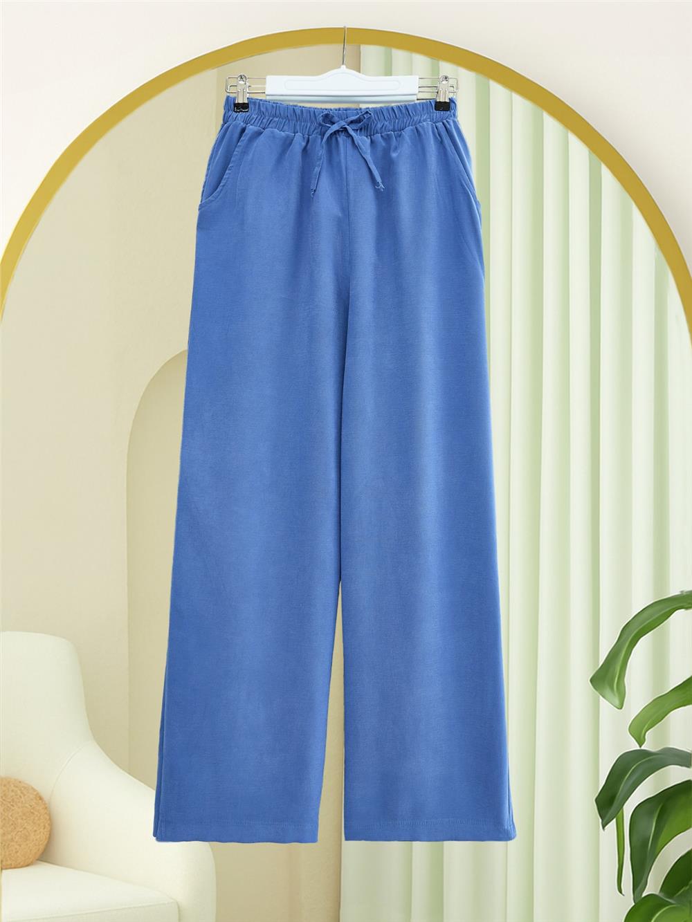 Beli Lastikli Bağcık Detaylı Cepli Bol Paça Tensel Pantolon -İndigo-307-2382-R21