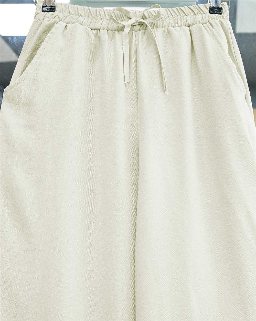 Beli Lastikli Bağcık Detaylı Cepli Bol Paça Tensel Pantolon -Taş-307-2382-R43